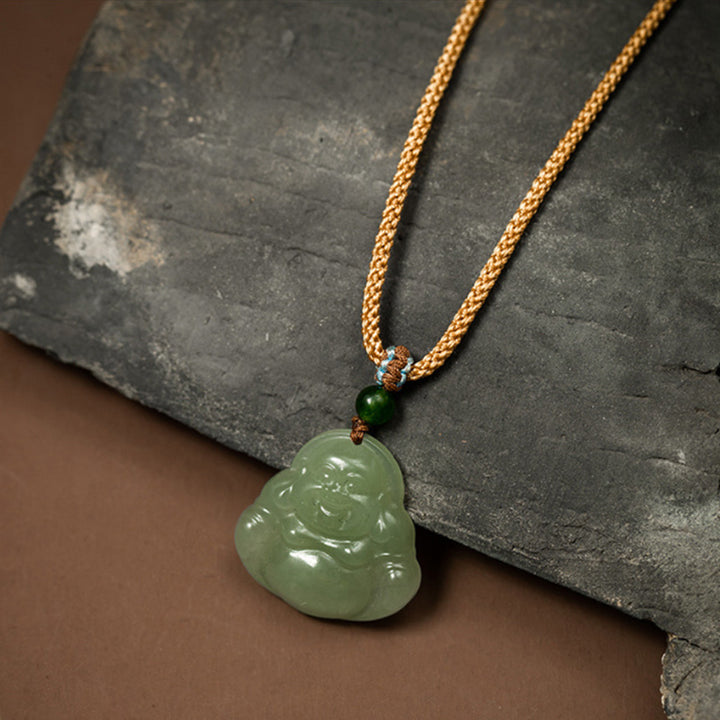 Laughing Buddha Jade Lotus Prosperity String Necklace Pendant