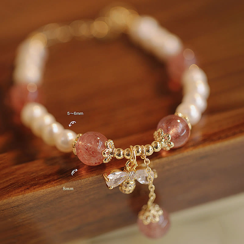 Buddha Stones Natural Pearl Strawberry Quartz Healing Cute Honey Bee Charm Bracelet