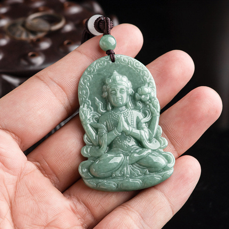 Four-armed Avalokitesvara Natural Jade Amulet Blessing String Necklace