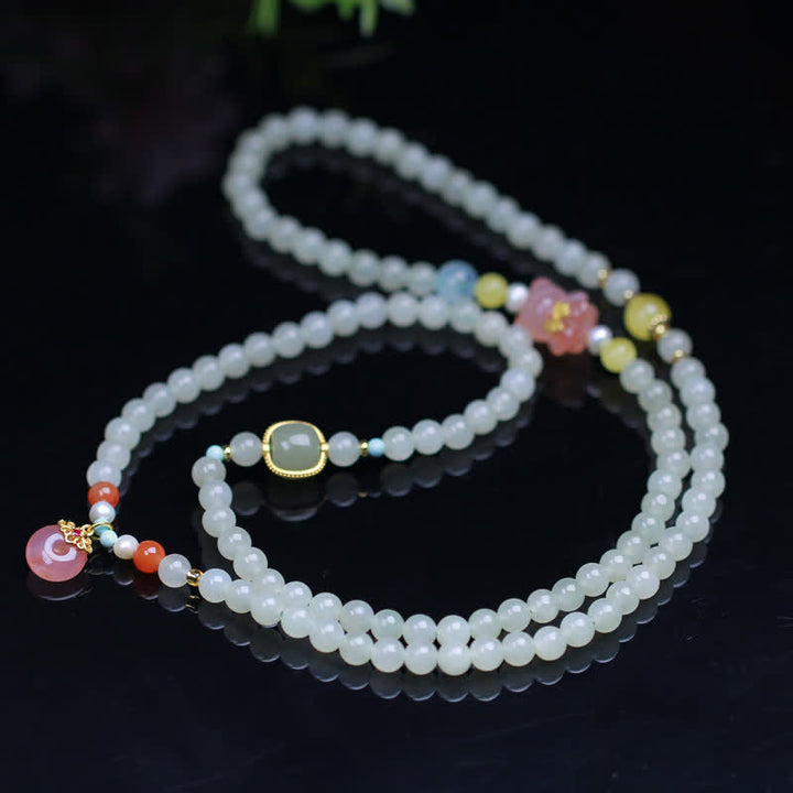 Natural Hetian Jade Pink Crystal Peace Buckle Happiness Abundance Bracelet