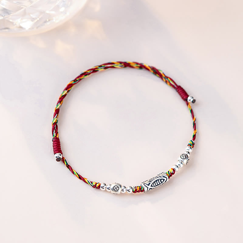 Buddha Stones 925 Sterling Silver Luck Koi Fish Braided Colorful String Bracelet Anklet