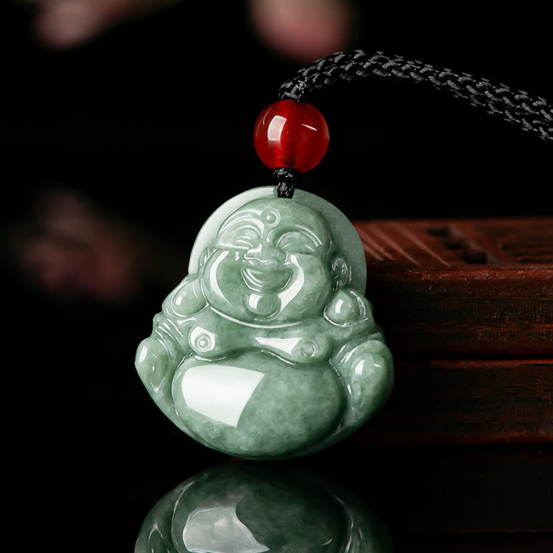 Buddha Stones Natural Green Jade Laughing Buddha Luck Abundance Necklace Pendant