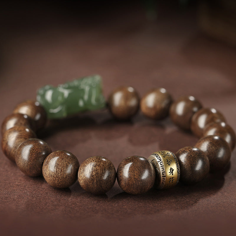 Buddha Stones 925 Sterling Silver Brunei Agarwood PiXiu Jade Peace Strength Bracelet