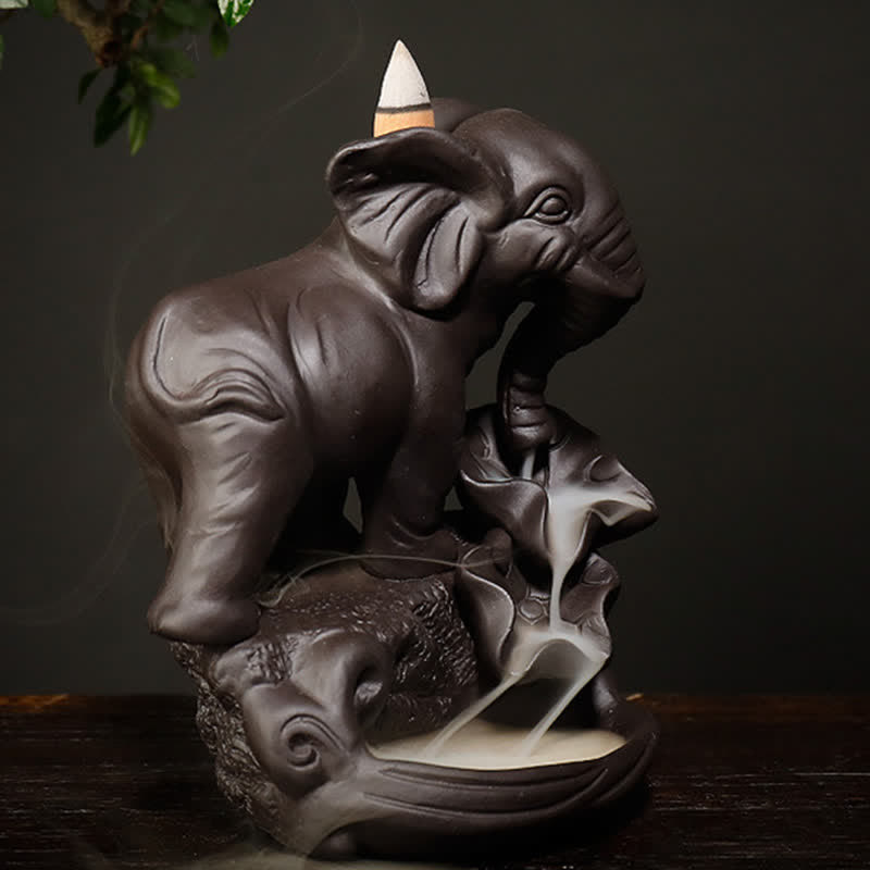 Tibetan Elephant Purple Clay Backflow Smoke Fountain Peace Healing Incense Burner Decoration