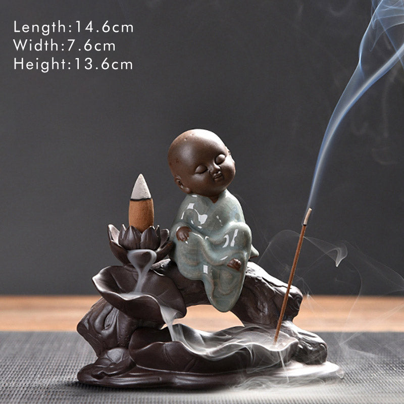 Buddha Stones Little Monk Ceramic Lotus Blessing Incense Burner Decoration