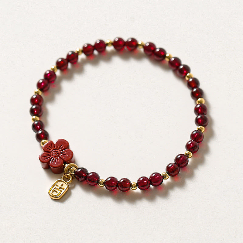 Buddha Stones 14K Gold Natural Garnet Cinnabar Flower Calm Bracelet