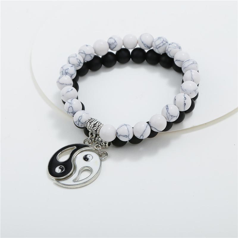 Buddha Stones 2pcs Natural Black Onyx White Turquoise Bead Yin Yang Couple Bracelet