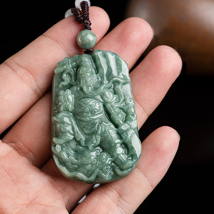 Natural Jade Guan Gong Amulet Wealth Necklace Pendant