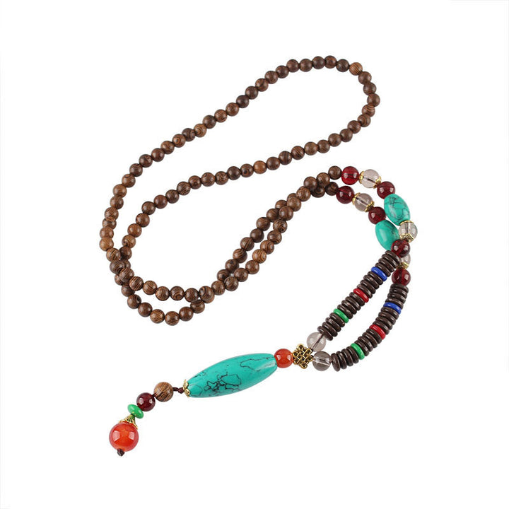 Buddha Stones Wenge Wood Turquoise Stone Protection Calm Necklace Pendant