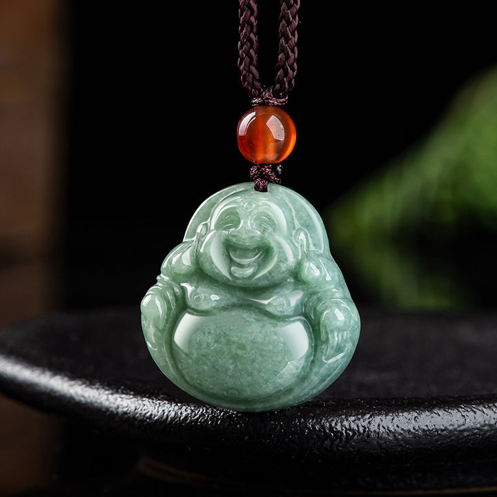 Buddha Stones Laughing Buddha Cyan Jade Success Necklace String Pendant