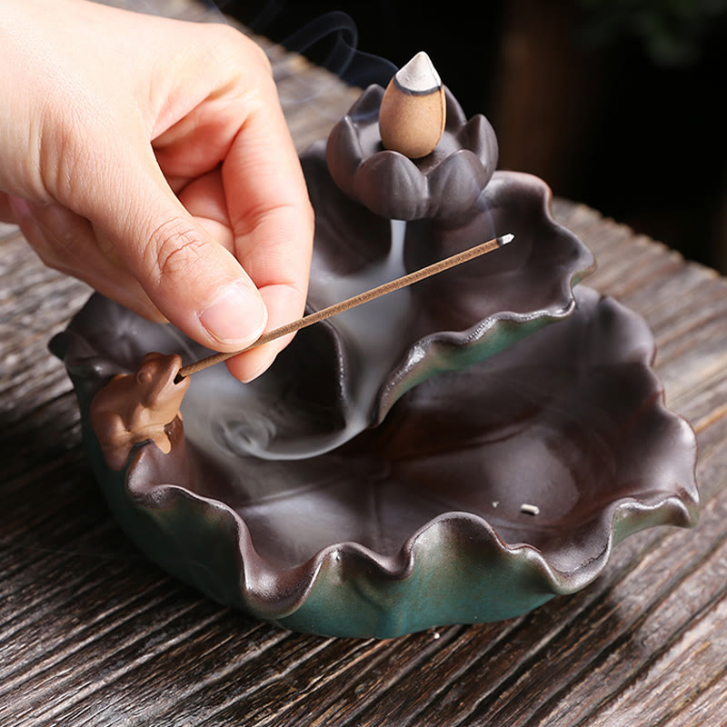 Buddha Stones Lotus Flower Leaf Frog Butterfly Pattern Healing Ceramic Incense Burner Decoration