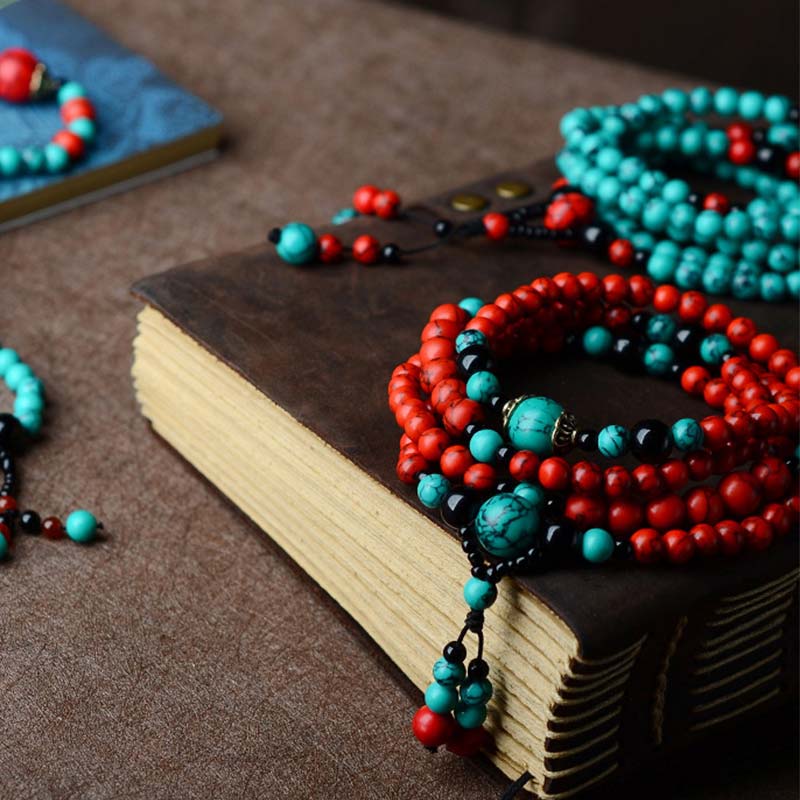 Buddha Stones Turquoise Black Onyx Red Turquoise Bead Protection Bracelet