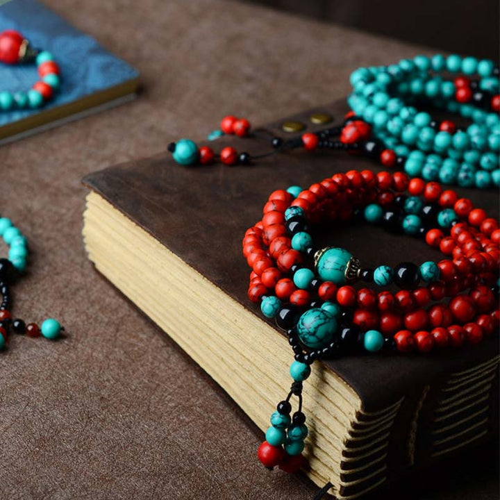 Buddha Stones Turquoise Black Onyx Red Turquoise Bead Protection Bracelet