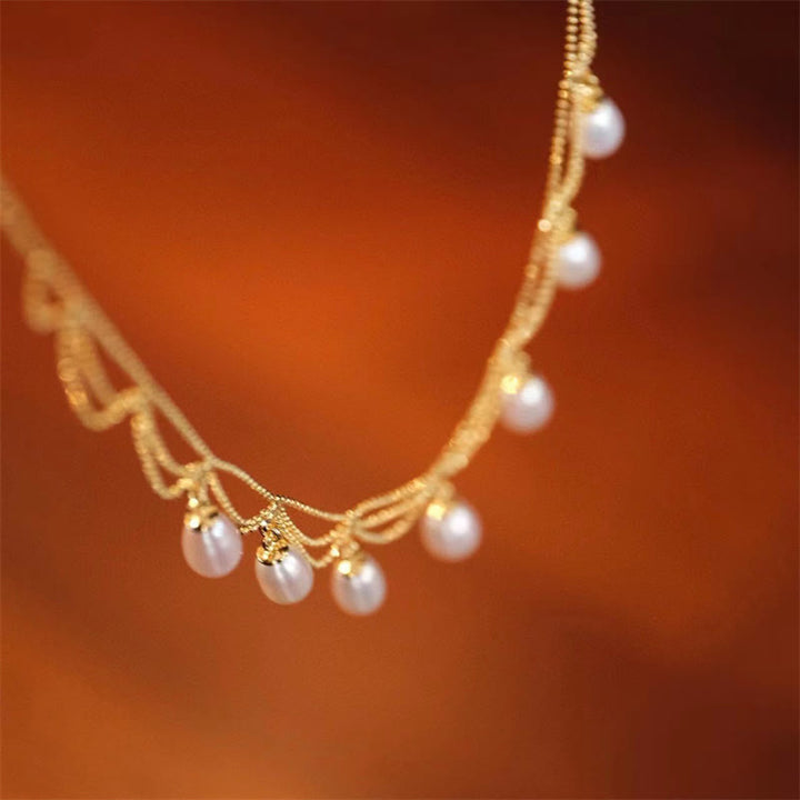 Vintage 14K Gold Plated Pearl Bead Healing Multilayer Necklace Pendant