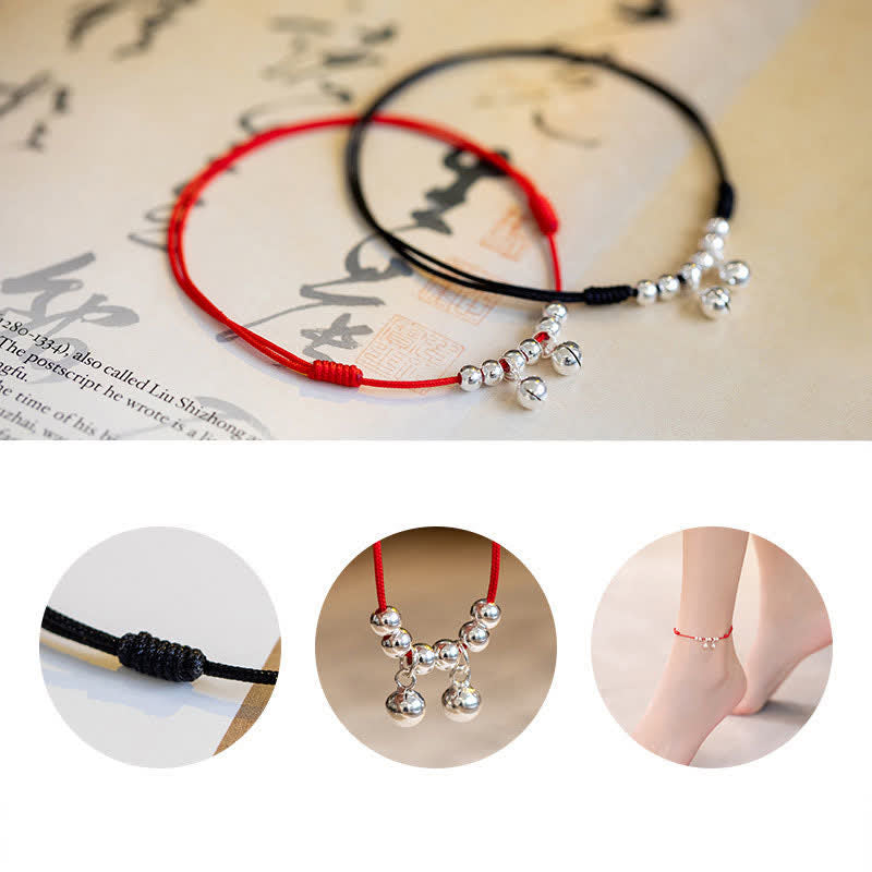 Buddha Stones 925 Sterling Silver Red String Braid Bell Charm Anklet