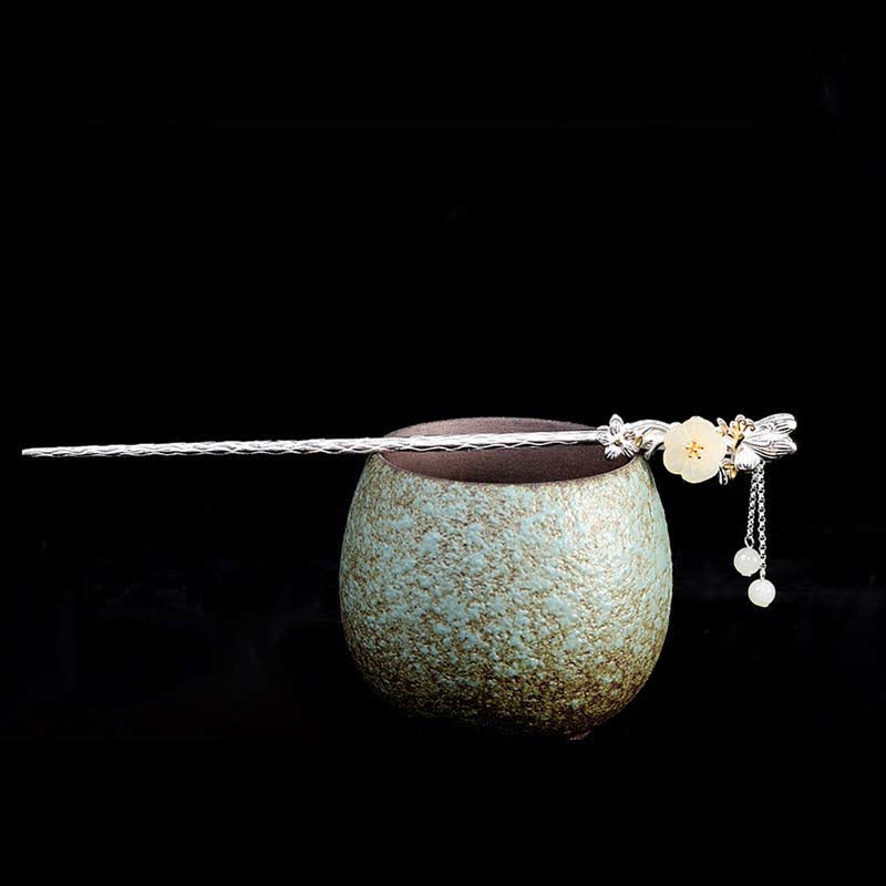 925 Sterling Silver Hetian White Jade Flower Blessing Hairpin