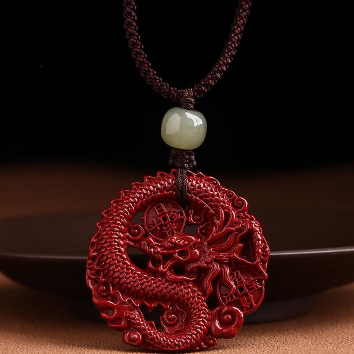 Buddha Stones Year Of The Dragon Natural Cinnabar Hetian Jade Bead Copper Coin Attract Wealth Strength Necklace Pendant