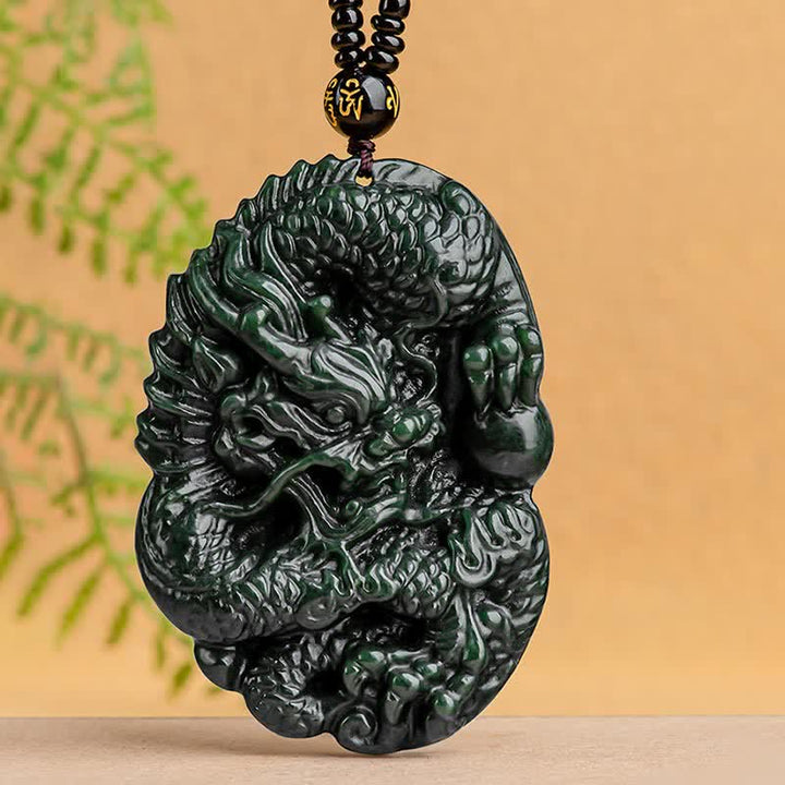 Buddha Stones Hetian Cyan Jade Dragon Success Harmony Necklace Beaded String Pendant