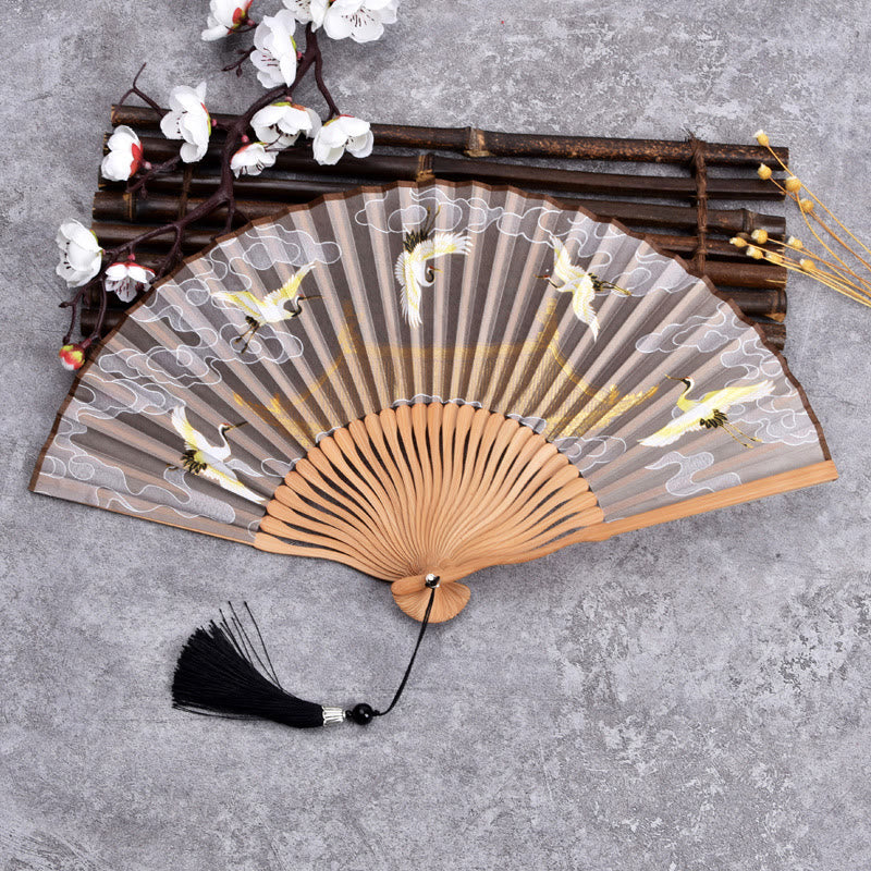 Buddha Stones Vintage Cloud Crane Pattern Handheld Bamboo Folding Fan