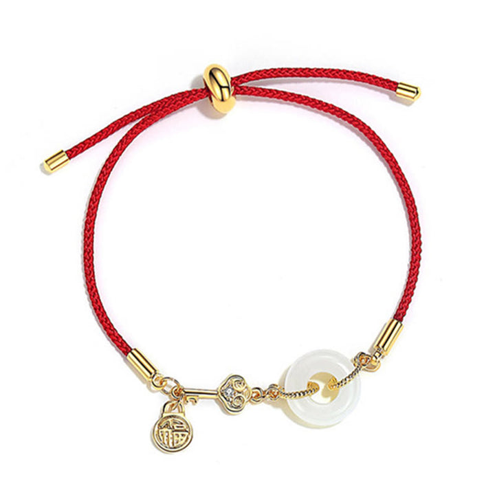 Buddha Stones 18K Gold Plated Hetian Jade Peace Buckle Fu Character Luck Red Rope Bracelet