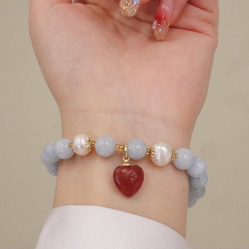 Buddha Stones Natural Aquamarine Chalcedony Serenity Rabbit Gourd Cat Charm Bracelet