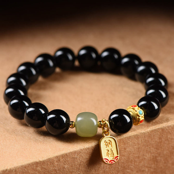 Buddha Stones Black Onyx Hetian Jade Bead Lucky Fortune Charm Bracelet