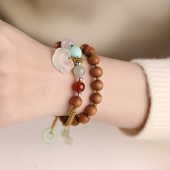 Buddha Stones Green Sandalwood Chalcedony Peace Buckle Charm Soothing Double Wrap Bracelet