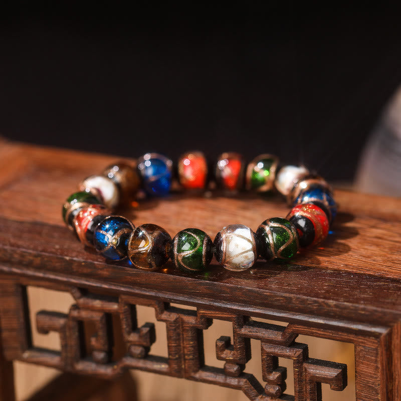 Buddha Stones Five Elements Gold Swallowing Beast Family Charm Liuli Glass Bead Luck Bracelet