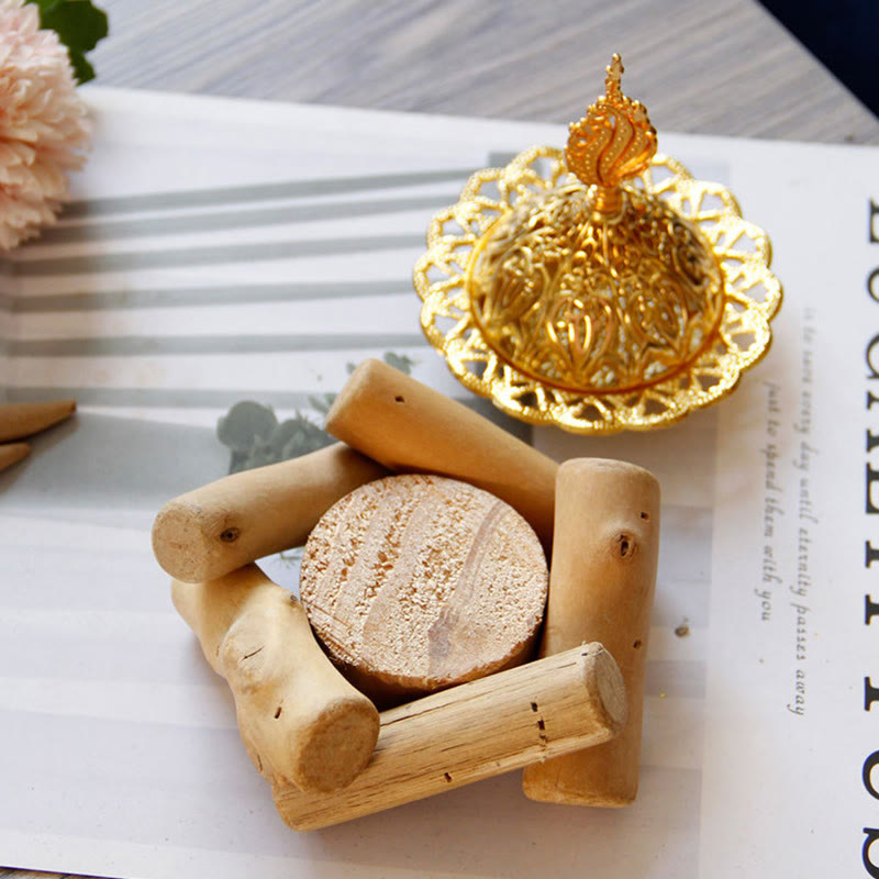 Gold Alloy Healing Mini Incense Burner With Wooden Coaster Home Decor