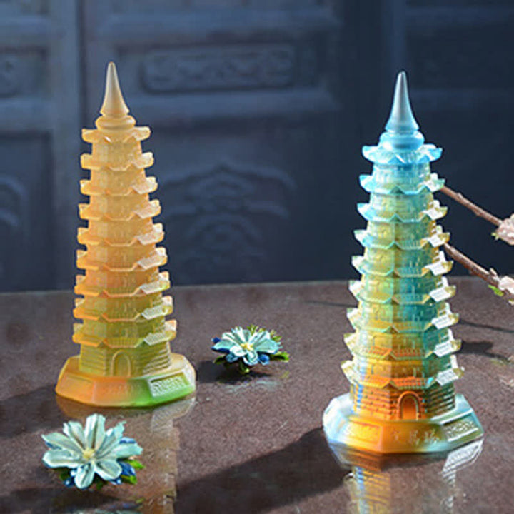 Feng Shui Wenchang Tower Handmade Liuli Crystal Pagoda Art Piece Luck Home Office Decoration