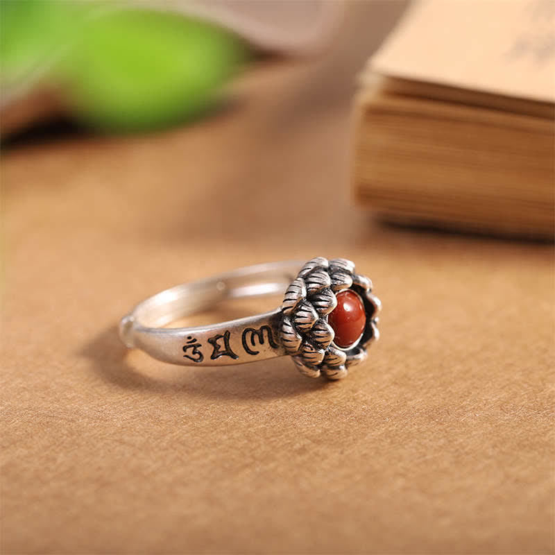 925 Sterling Silver Lotus Red Agate Confidence Blessing Ring