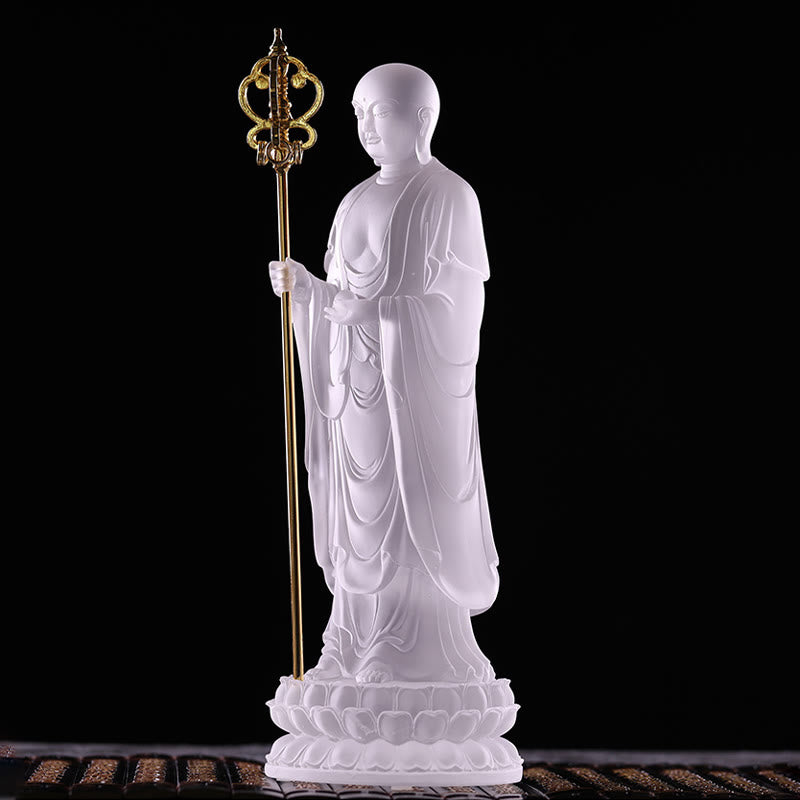 Buddha Stones Handmade Ksitigarbha Bodhisattva Figurine Liuli Crystal Art Piece Serenity Statue Home Decoration