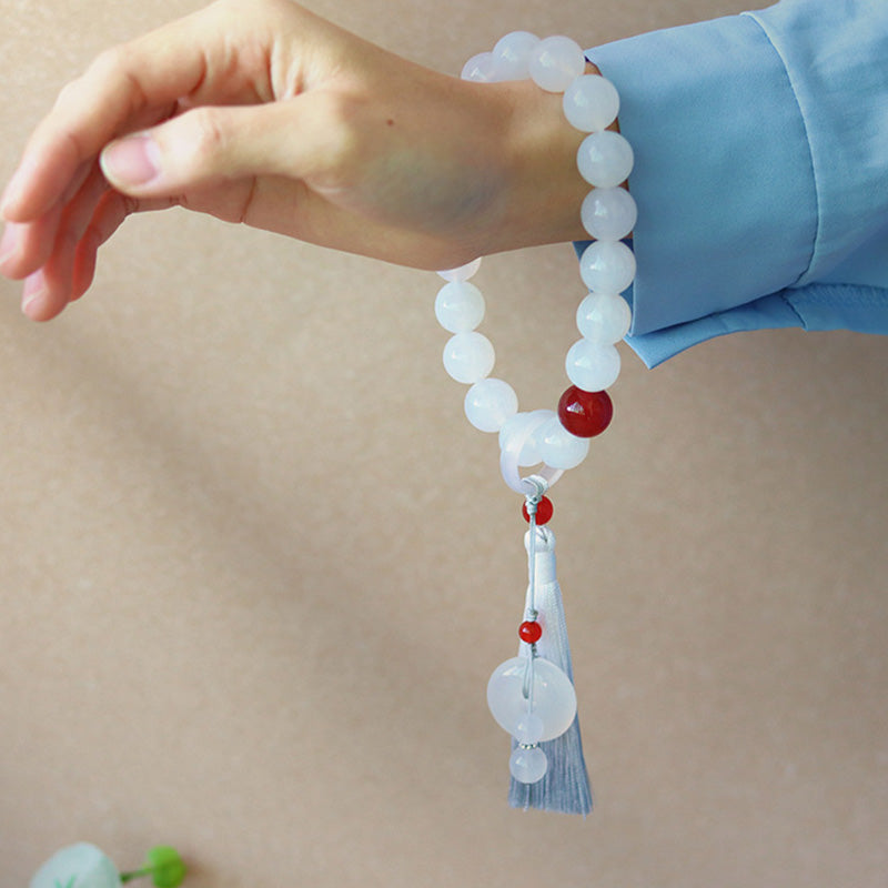 Buddha Stones White Agate Red Agate Luck Wrist Mala Tassels Pocket Mala Car Decoration