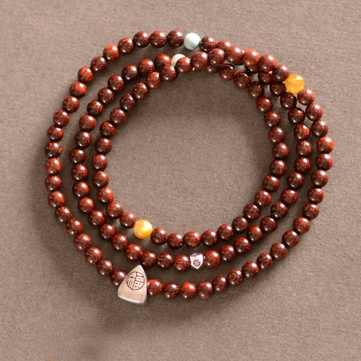 Buddha Stones 925 Sterling Silver Indian Small Leaf Red Sandalwood Fu Character Protection Triple Wrap Bracelet