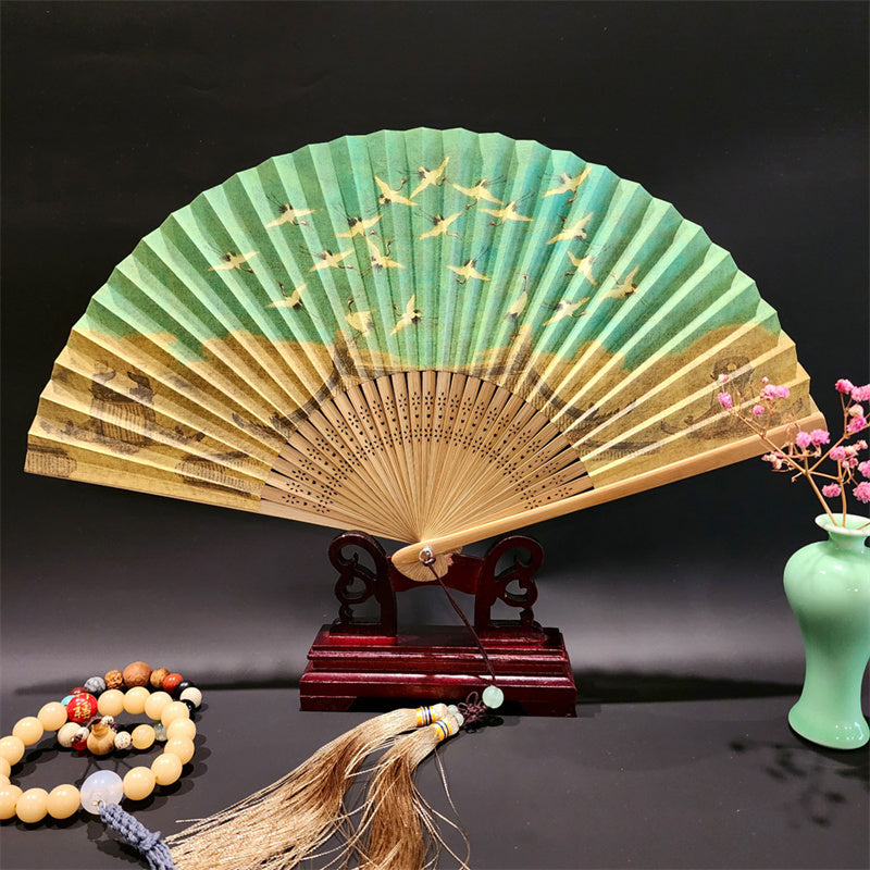 Buddha Stones A Panorama Of Rivers And Mountains Cranes Orchid Flower Paper Bamboo Handheld Silk Bamboo Folding Fan 22cm