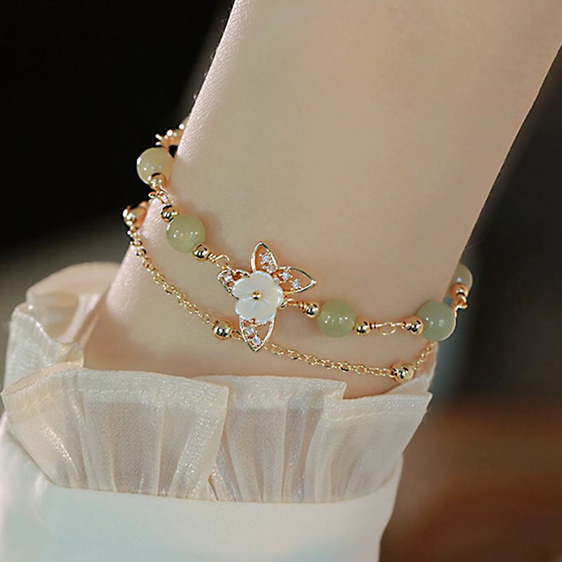 Buddha Stones 14K Gold Plated Jade Butterfly Tridacna Stone Flower Double Layer Luck Bracelet