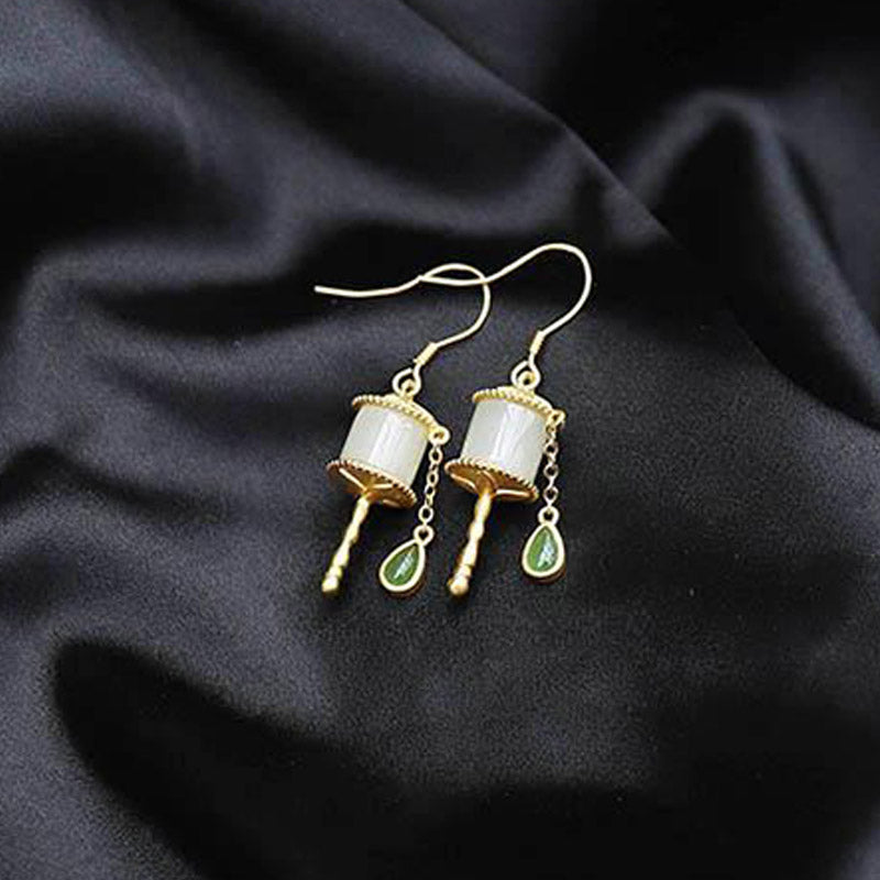 Buddha Stones 925 Sterling Silver Jade Prayer Wheel Luck Drop Earrings