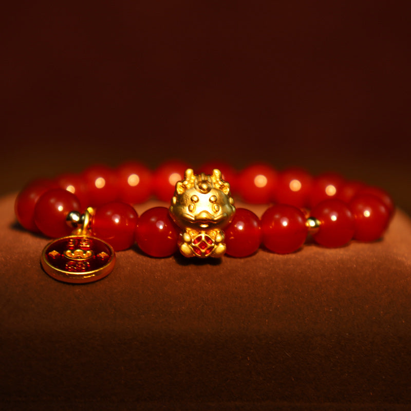 Buddha Stones Year of the Dragon Natural Red Agate Copper Coin Attract Fortune Bracelet