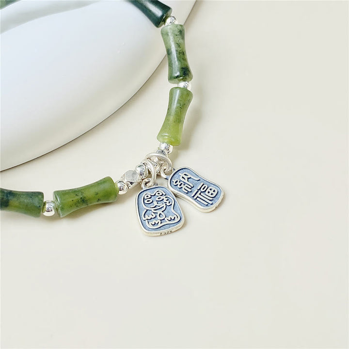 Buddha Stones 925 Sterling Silver Bamboo Jade Lucky Cat Fu Character Luck Abundance Bracelet