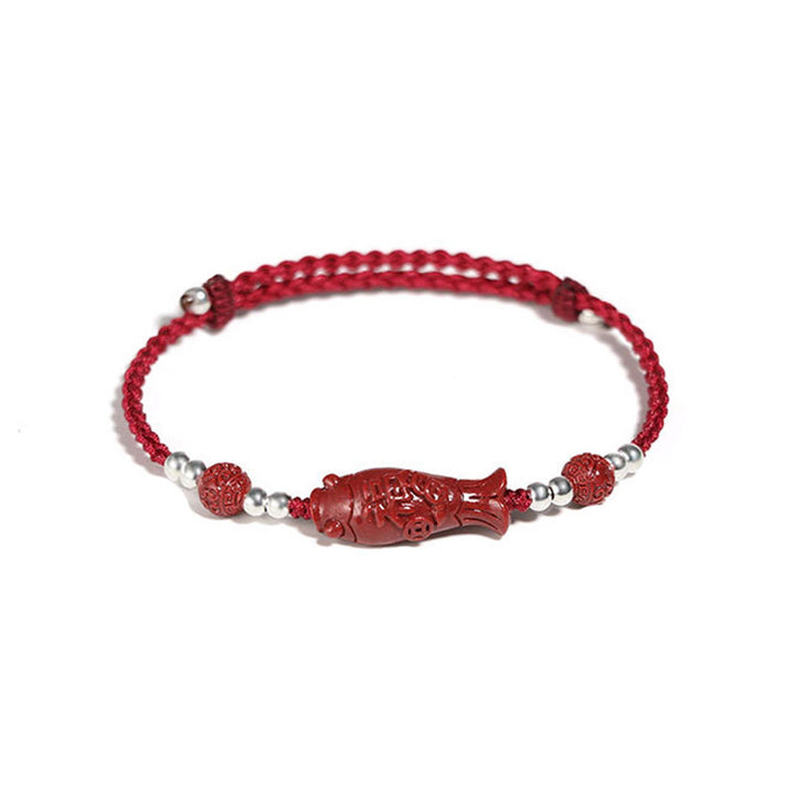 Buddha Stones 925 Sterling Silver Koi Fish Cinnabar Fu Character Copper Coin Wealth Braided Bracelet