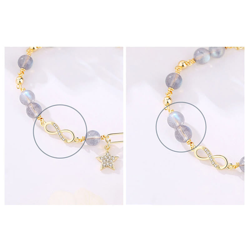 Buddha Stones 14K Gold Plated Natural Strawberry Quartz Moonstone Möbius Loop Eternal Love Star Positive Bracelet