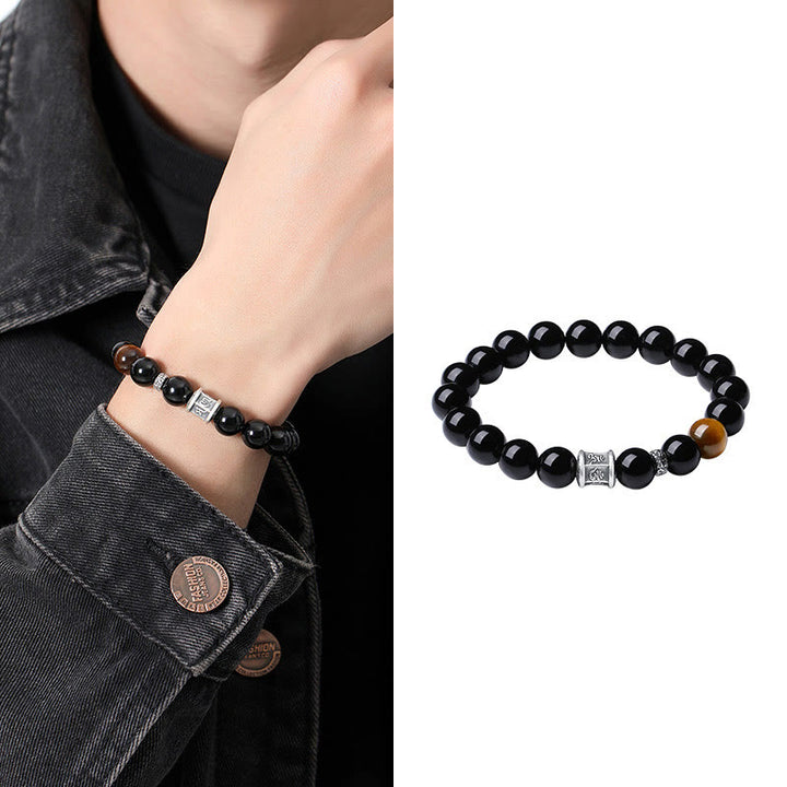 Buddha Stones 999 Sterling Silver Black Obsidian Tiger Eye Om Mani Padme Hum Fulfillment Bracelet