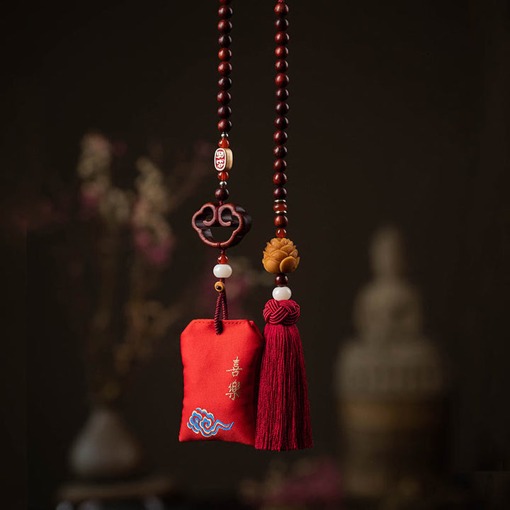 Buddha Stones Tibetan Small Leaf Red Sandalwood Lotus Cinnabar Sachet Protection Tassel Car Hanging Decoration