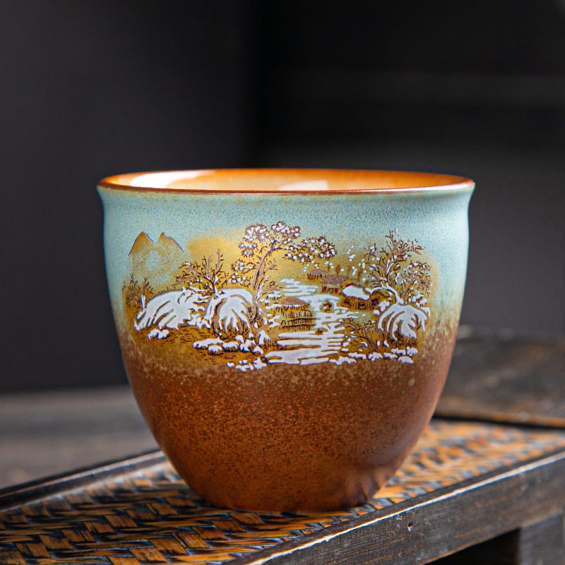 Buddha Stones Colorful Deer Pipa Snow Plum Blossoms Mountains Rivers Bird Ceramic Teacup Kung Fu Tea Cup Bowl