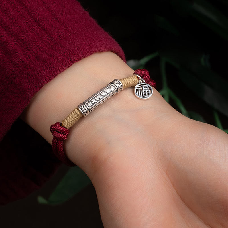 Buddha Stones 999 Sterling Silver Tibet Handmade Om Mani Padme Hum Fu Character TopRank Character Luck Braided Bracelet