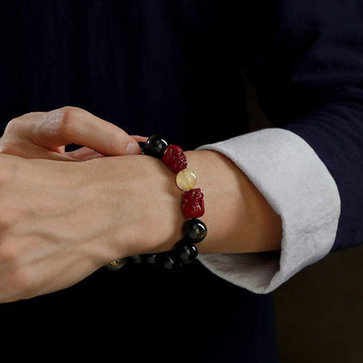 Buddha Stones Gold Sheen Obsidian PiXiu Cinnabar Om Mani Padme Hum Protection Bracelet