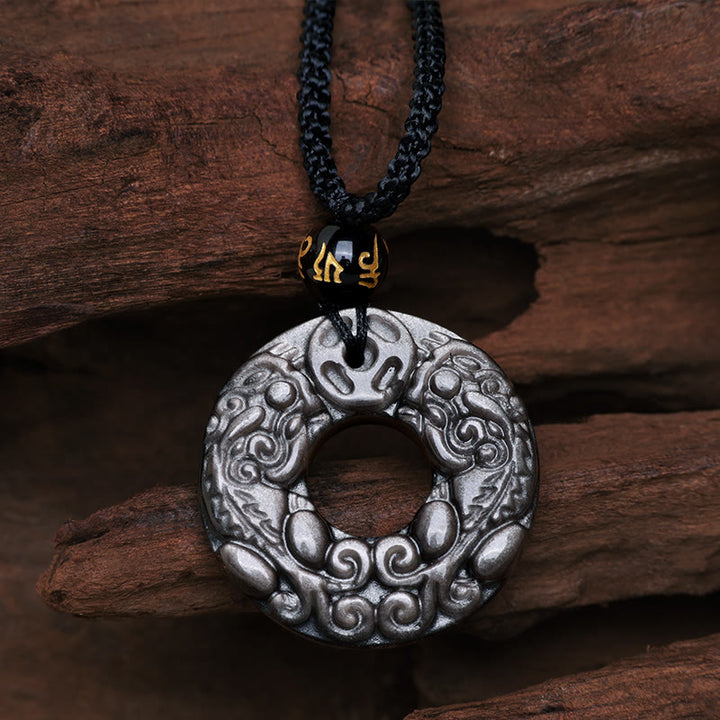 Buddha Stones Natural Silver Sheen Obsidian Double PiXiu Copper Coin Peace Buckle Protection Necklace Pendant