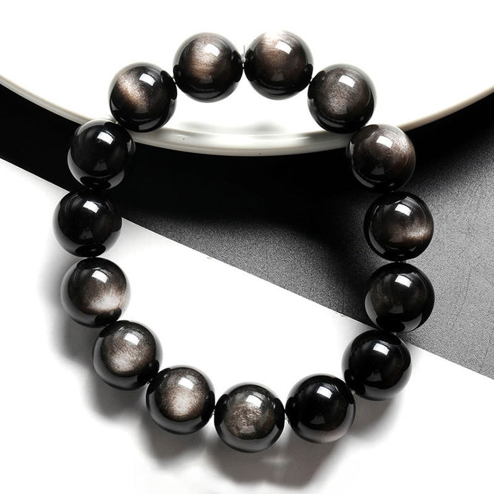 Buddha Stones Natural Silver Sheen Obsidian Soothing Protection Bracelet