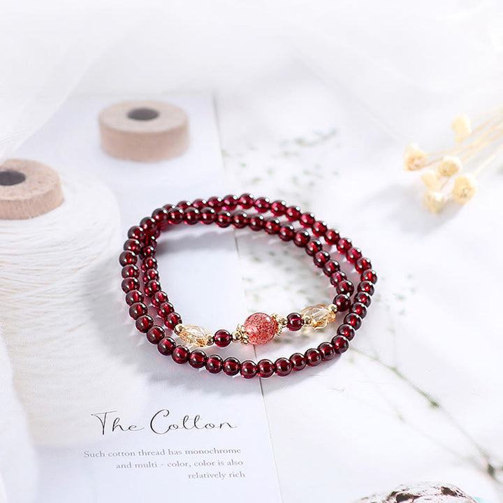 Buddha Stones 14K Gold Plated Natural Garnet Strawberry Quartz Butterfly Protection Double Wrap Bracelet