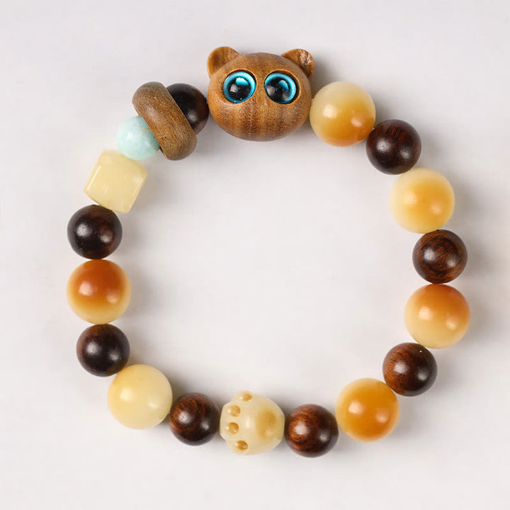 Buddha Stones Natural Bodhi Seed Sandalwood Lucky Cute Cat Head Paw Claw Peace Bracelet